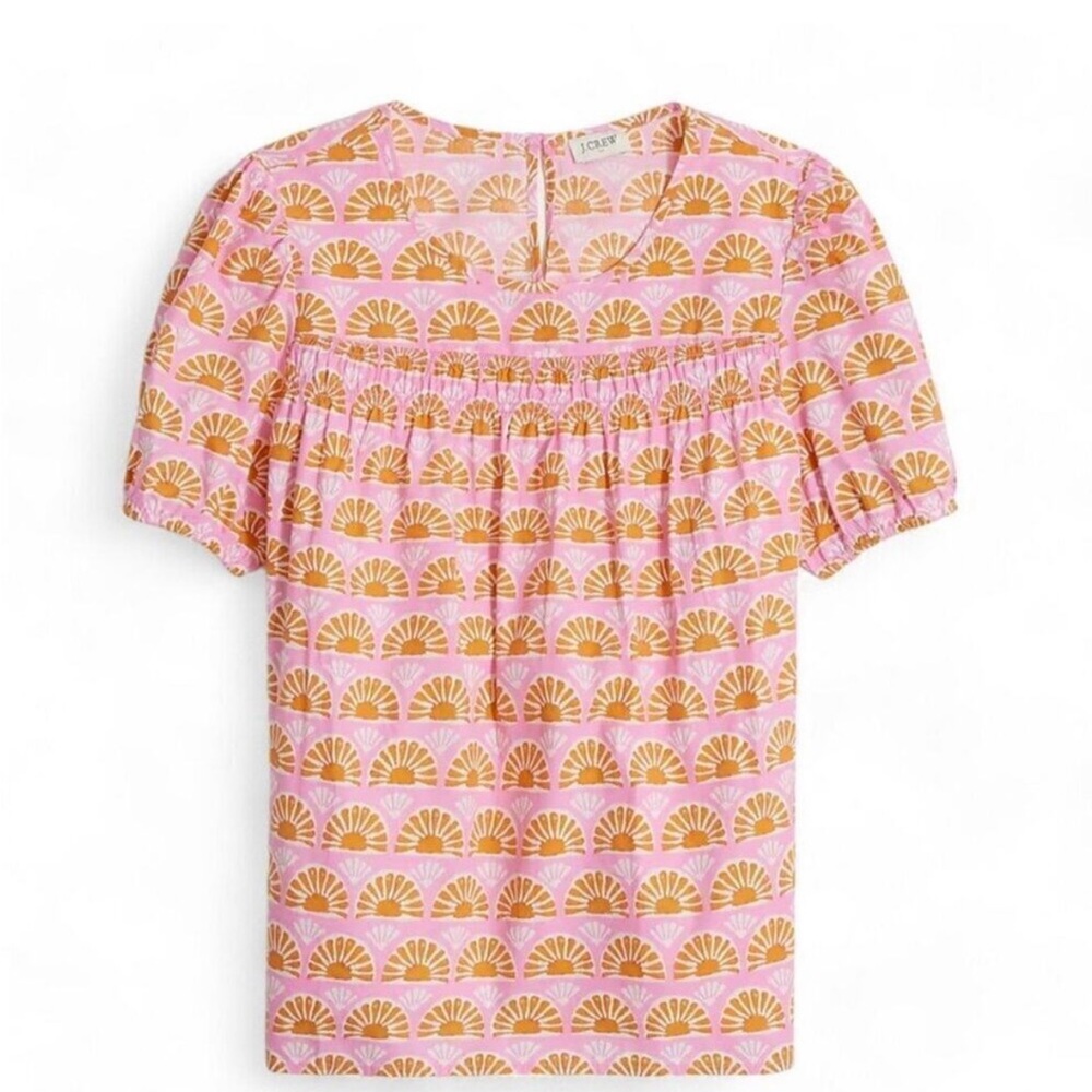 J.Crew Factory Puff Sleeve Top Pink Cotton Short Sleeves Round Neckline Size L